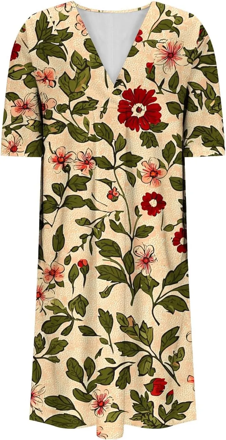 2025 Women's Spring Summer Dresses Funny Fashion Floral Printed Short Sleeve Casual V-Neck Maxi Dress