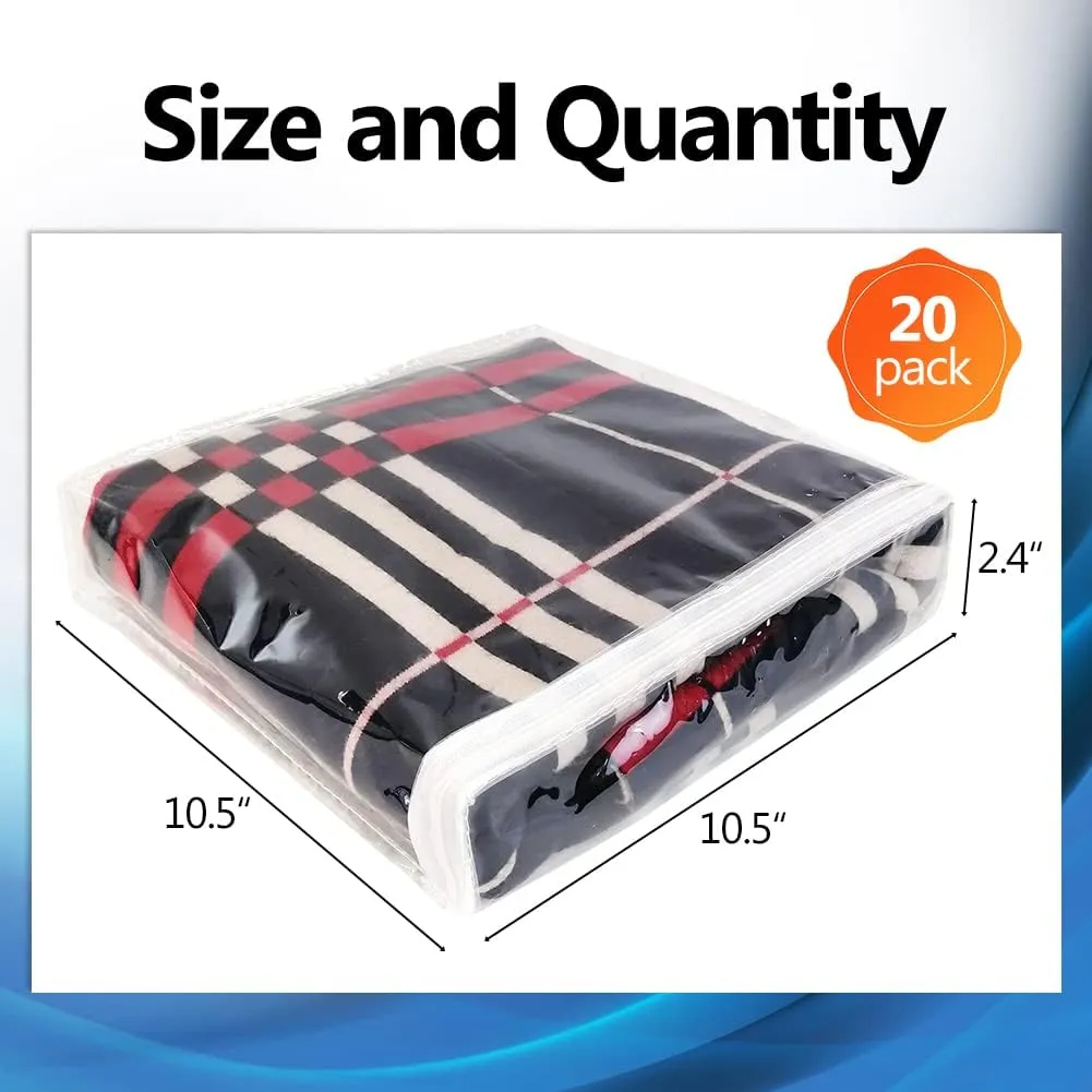 20pcs Clear Vinyl Zippered Storage Bags for Sweater Clothes, Bed Sheet Organizer, 10.5 x 10.5 x 2.4 Inch