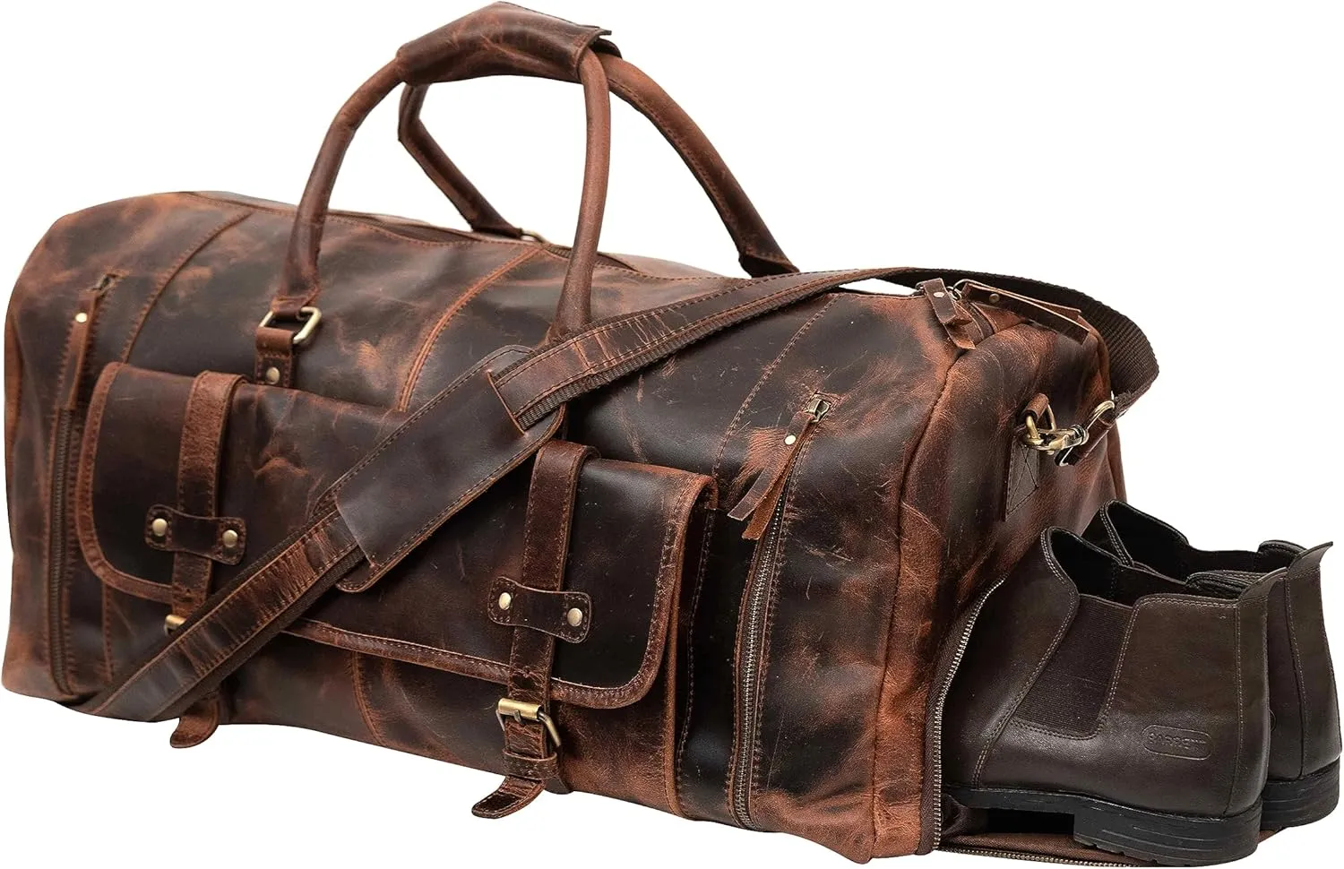 24 Inch Leather Duffel Bags for Men and Women Full Grain Leather Travel Overnight Weekend Leather Bags Sports Duffle for Men (Brown Tan with shoe pocket)