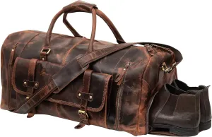 24 Inch Leather Duffel Bags for Men and Women Full Grain Leather Travel Overnight Weekend Leather Bags Sports Duffle for Men (Brown Tan with shoe pocket)