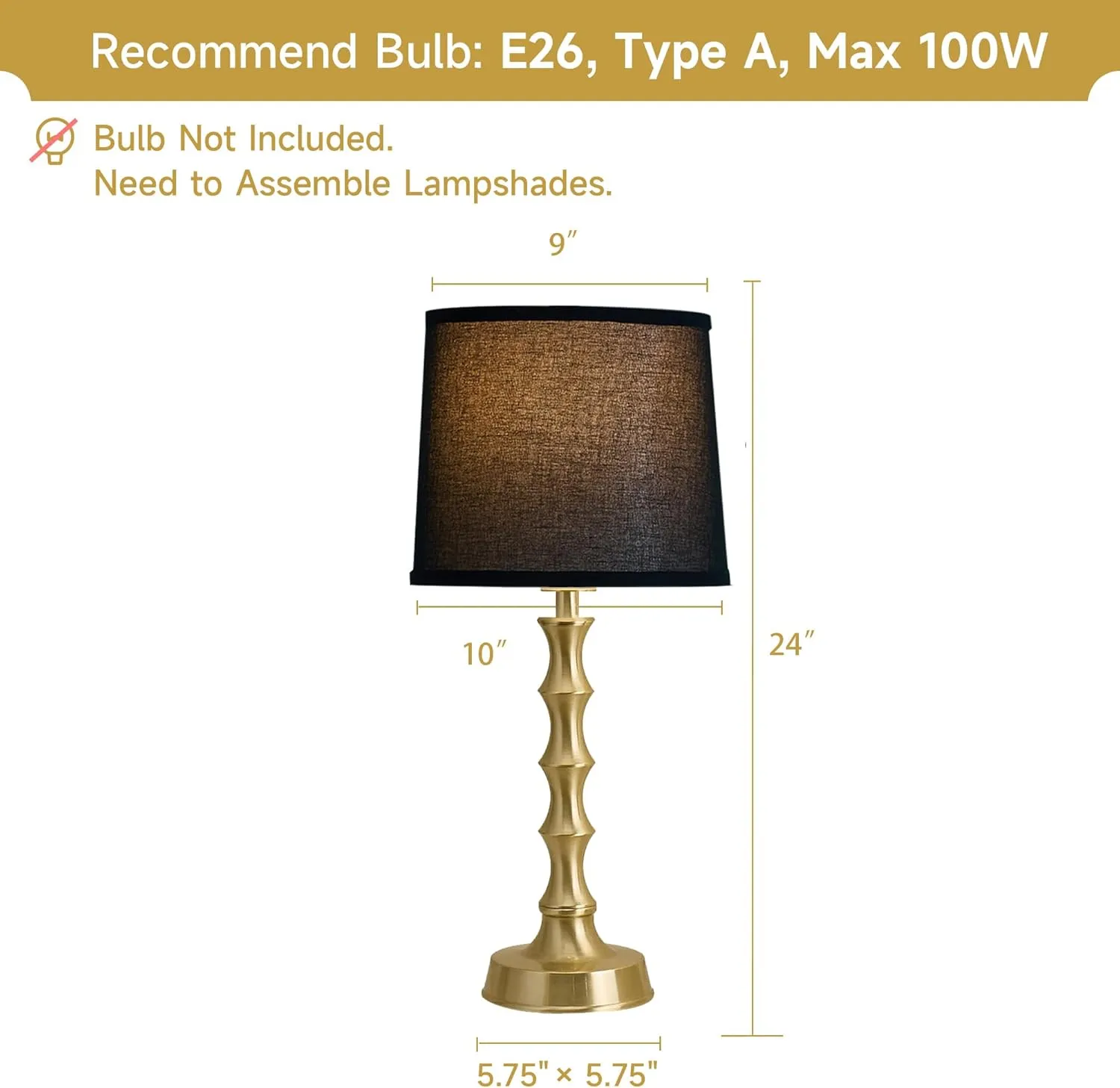 24" Small Black Lamp for Bedroom, Black Gold Table Lamps for Living Room Set of 2, Retro Gold Lamps for Nightstand Set of 2, Retro Small Table Lamp for Sofa Table, Nursery, Small Reading Lamps
