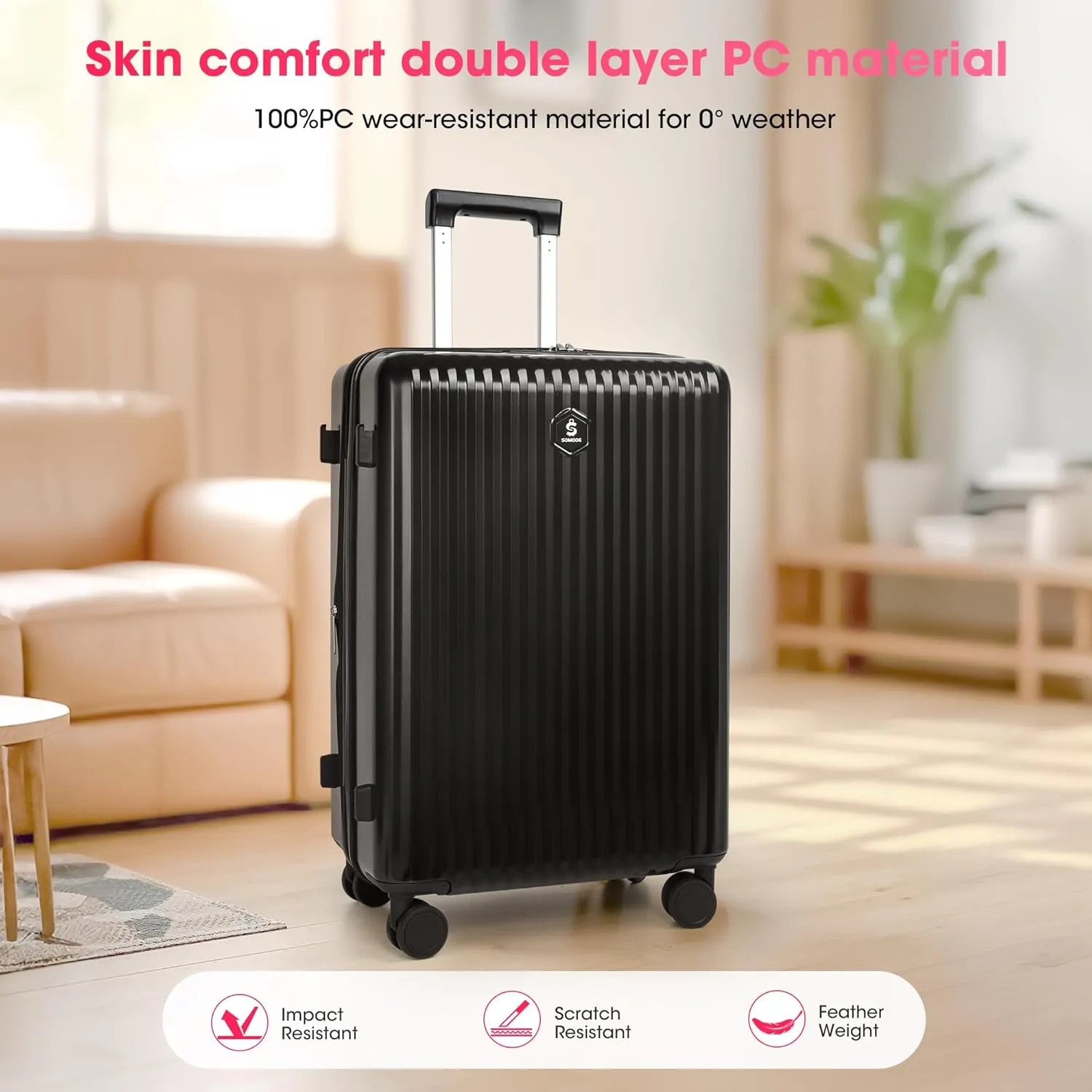 28 "Large Capacity Carry-on luggage, Expandable Suitcase, 100% PC Material, 0° Cold-Resistance (Black-28inch)