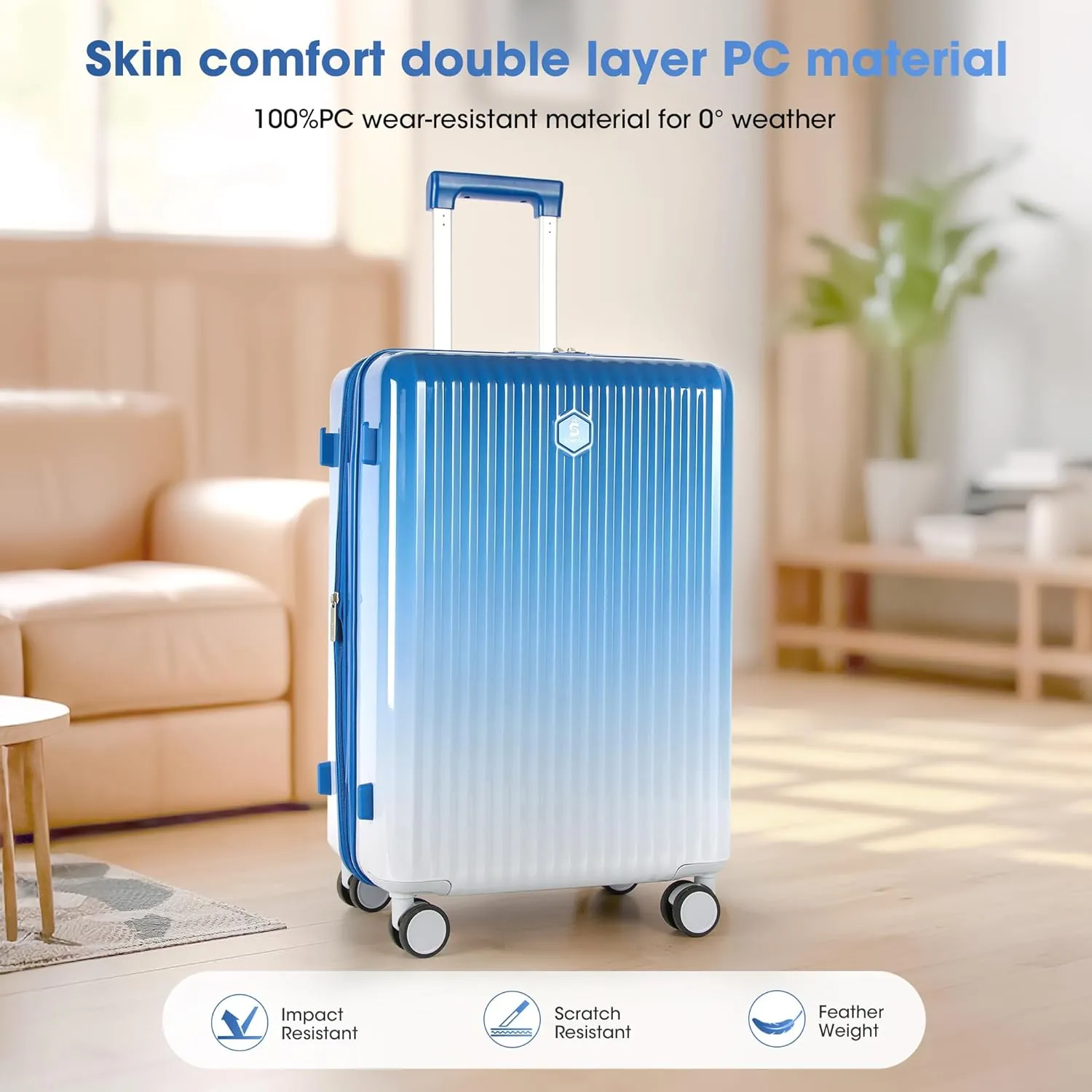 28 "Large Capacity Carry-on luggage, Expandable Suitcase, 100% PC Material, 0° Cold-Resistance (Blue-28inch)