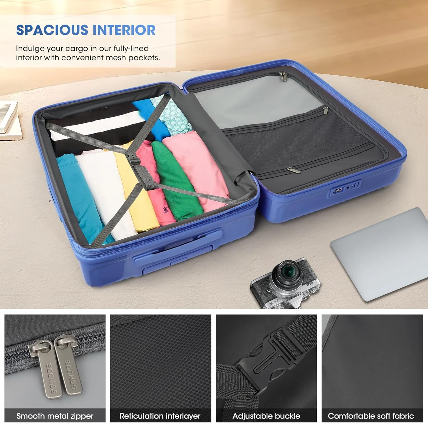28 "Large Capacity Carry-on luggage, Expandable Suitcase, 100% PC Material, 0° Cold-Resistance (Blue-28inch)