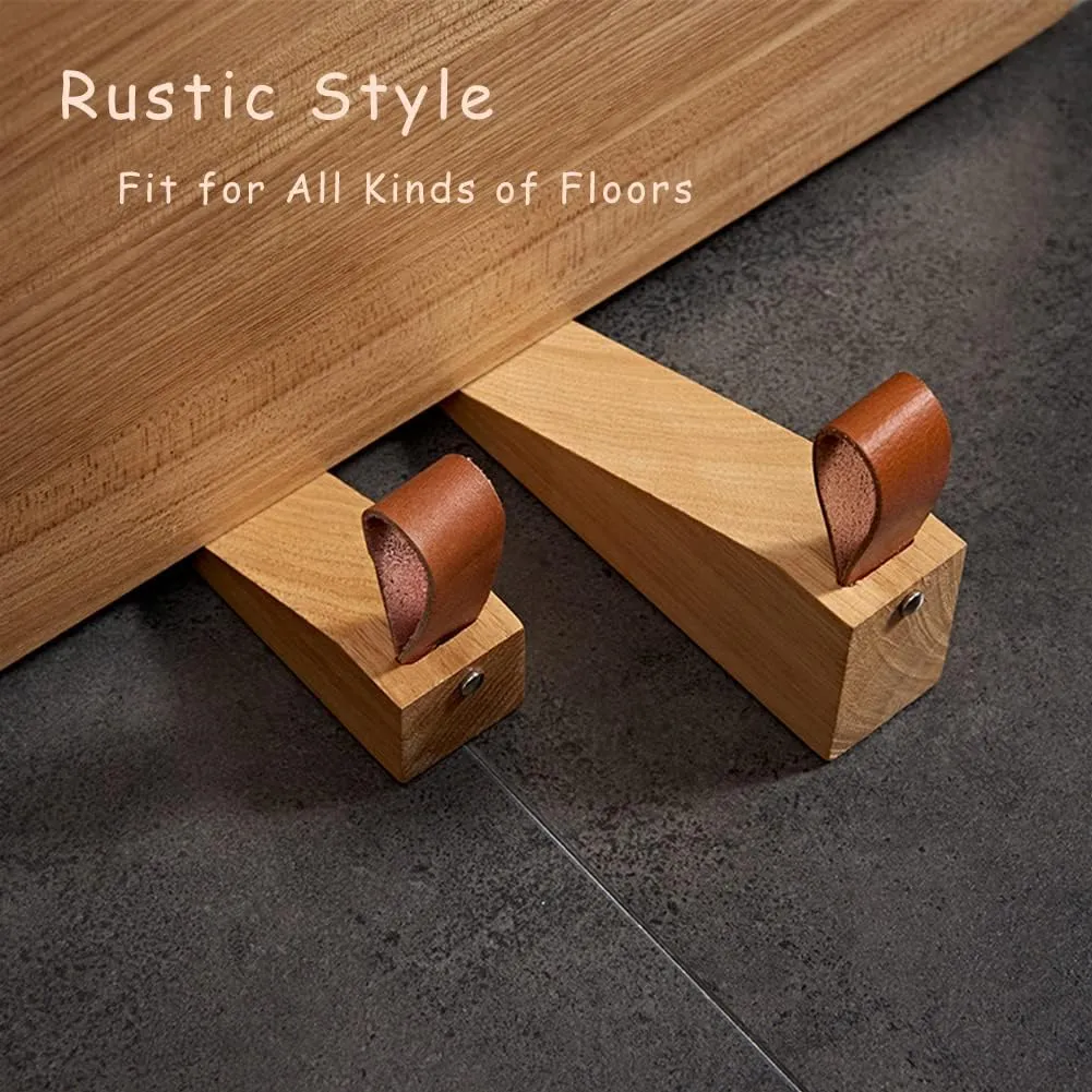 2Pack Wooden Door Stopper Non-Slip Security Wood Door Wedge with Leather Strap for Hanging Door Stopper, in House Bedroom Office Living Room Hotel Cabin (2pcs)