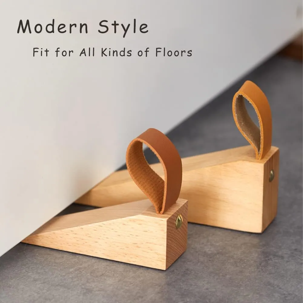 2Pack Wooden Door Stopper Non-Slip Security Wood Door Wedge with Leather Strap for Hanging Door Stopper, in House Bedroom Office Living Room Hotel Cabin (2pcs)