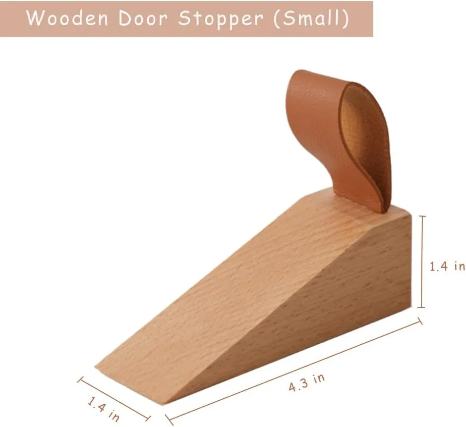 2Pack Wooden Door Stopper Non-Slip Security Wood Door Wedge with Leather Strap for Hanging Door Stopper, in House Bedroom Office Living Room Hotel Cabin (2pcs)