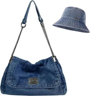 2PCS Denim Tote Bag and Denim Cap Set for Women, Retro Washed Shoulder Handbag Crossbody Purse with Adjustable Chain