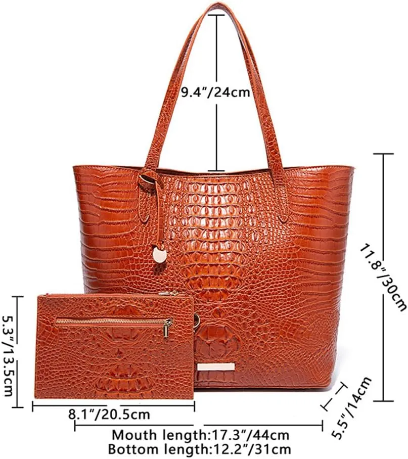 2PCS Set Tote Handbag for Women Crocodile Print Shoulder Purse Leather Work Shopper Top-handle Bag with Clutch