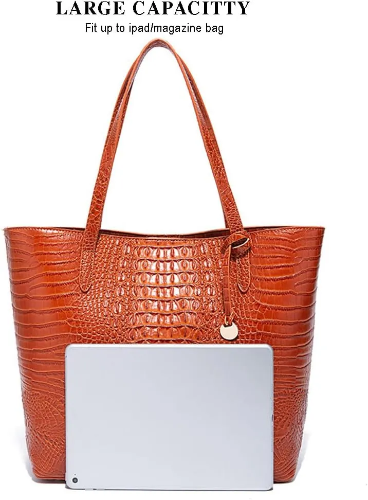 2PCS Set Tote Handbag for Women Crocodile Print Shoulder Purse Leather Work Shopper Top-handle Bag with Clutch