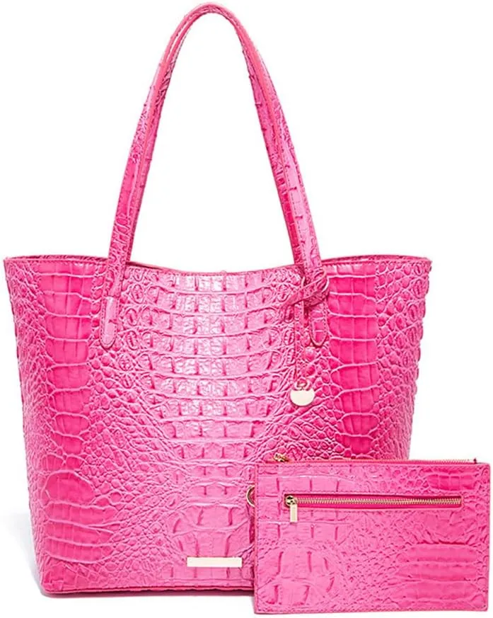 2PCS Set Tote Handbag for Women Crocodile Print Shoulder Purse Leather Work Shopper Top-handle Bag with Clutch