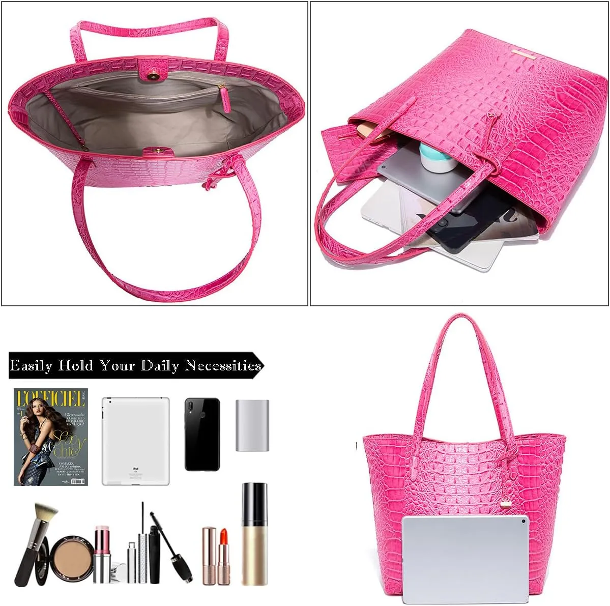 2PCS Set Tote Handbag for Women Crocodile Print Shoulder Purse Leather Work Shopper Top-handle Bag with Clutch