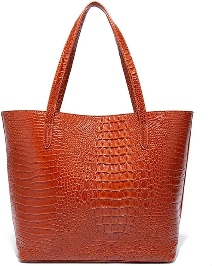 2PCS Set Tote Handbag for Women Crocodile Print Shoulder Purse Leather Work Shopper Top-handle Bag with Clutch