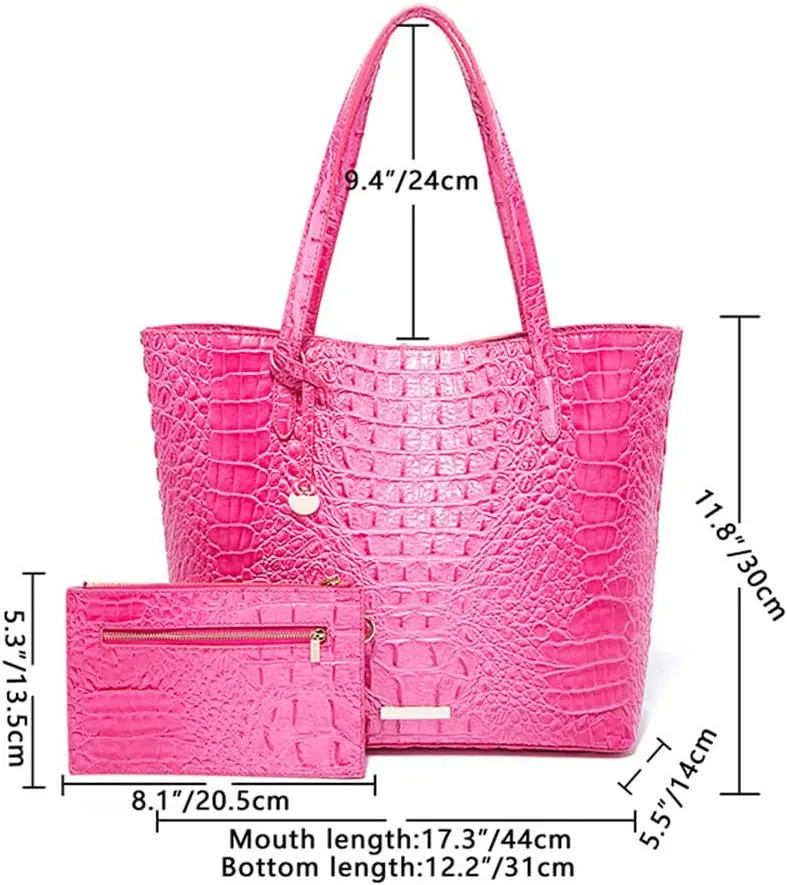 2PCS Set Tote Handbag for Women Crocodile Print Shoulder Purse Leather Work Shopper Top-handle Bag with Clutch