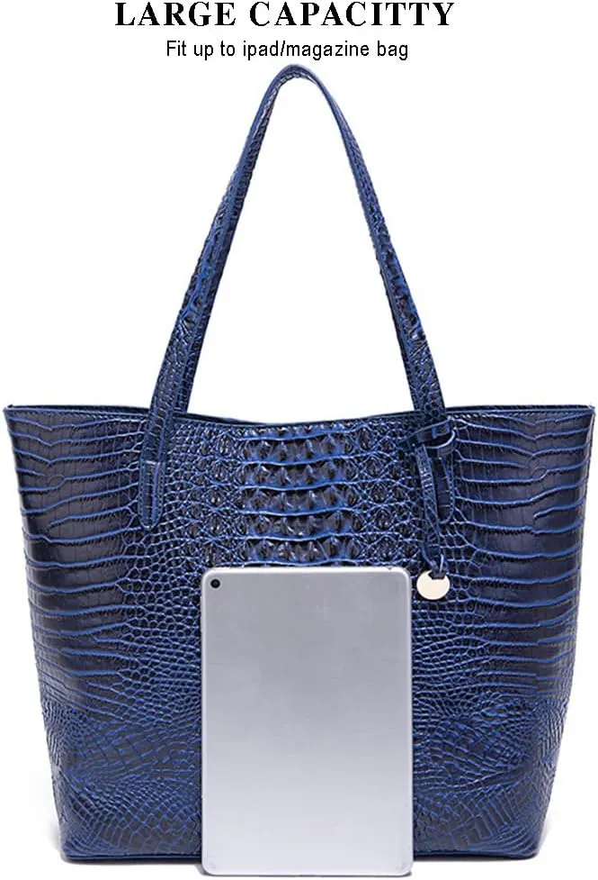 2PCS Set Tote Handbag for Women Crocodile Print Shoulder Purse Leather Work Shopper Top-handle Bag with Clutch