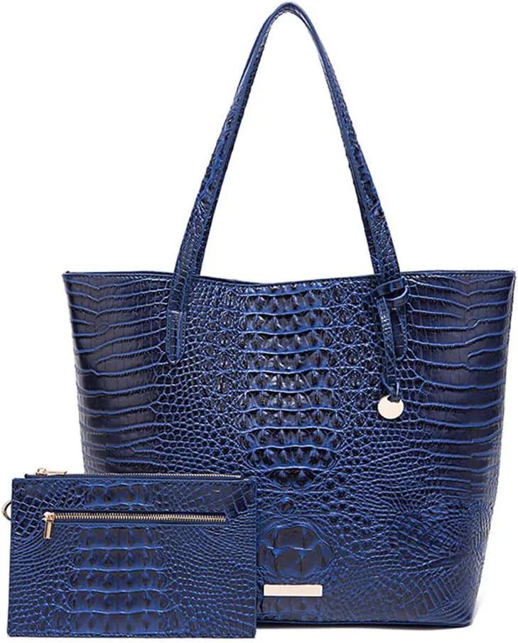 2PCS Set Tote Handbag for Women Crocodile Print Shoulder Purse Leather Work Shopper Top-handle Bag with Clutch