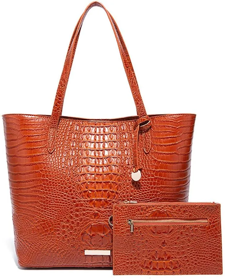 2PCS Set Tote Handbag for Women Crocodile Print Shoulder Purse Leather Work Shopper Top-handle Bag with Clutch