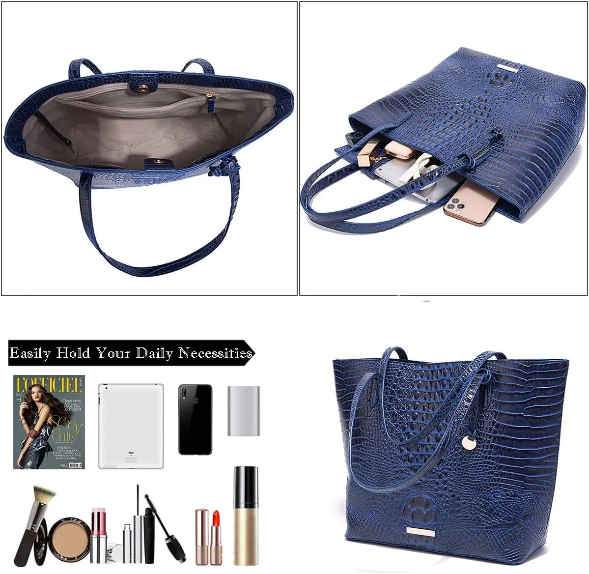 2PCS Set Tote Handbag for Women Crocodile Print Shoulder Purse Leather Work Shopper Top-handle Bag with Clutch