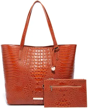 2PCS Set Tote Handbag for Women Crocodile Print Shoulder Purse Leather Work Shopper Top-handle Bag with Clutch