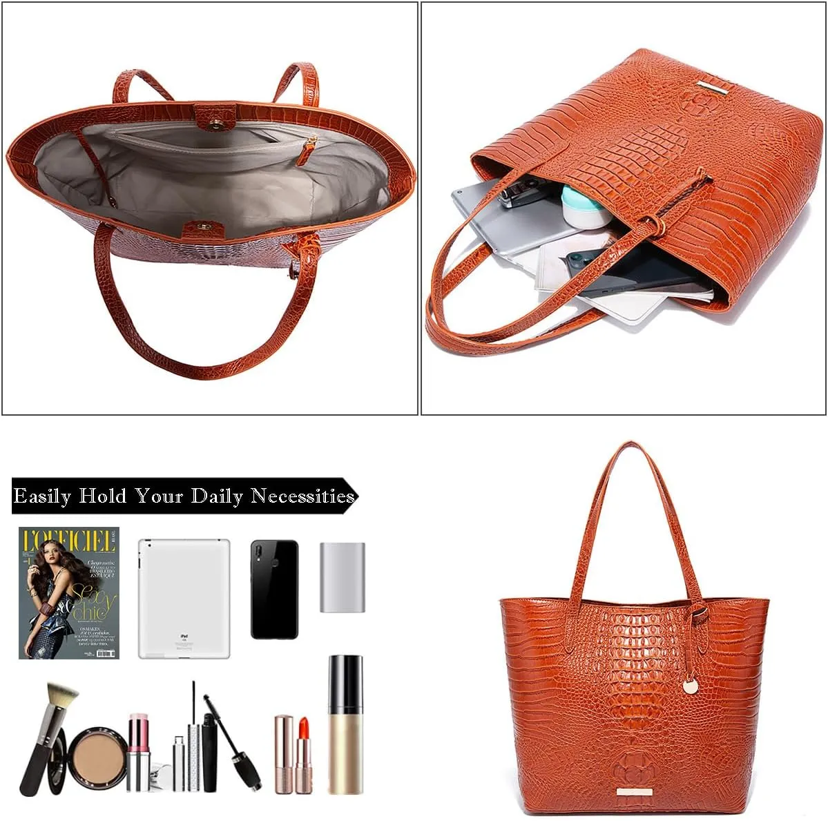 2PCS Set Tote Handbag for Women Crocodile Print Shoulder Purse Leather Work Shopper Top-handle Bag with Clutch