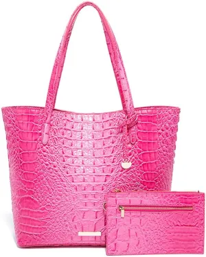 2PCS Set Tote Handbag for Women Crocodile Print Shoulder Purse Leather Work Shopper Top-handle Bag with Clutch
