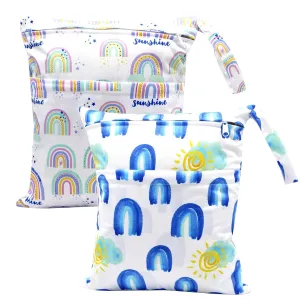 2pcs Waterproof Wet Bags with Two Zippered Pockets, Washable, Reusable for Travel, Beach, Pool, Stroller, Diapers, Dirt Gym Clothes, Wet Swimsuits, Toiletries -Rainbows