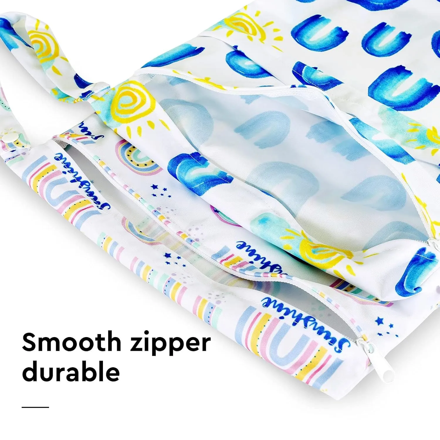 2pcs Waterproof Wet Bags with Two Zippered Pockets, Washable, Reusable for Travel, Beach, Pool, Stroller, Diapers, Dirt Gym Clothes, Wet Swimsuits, Toiletries -Rainbows