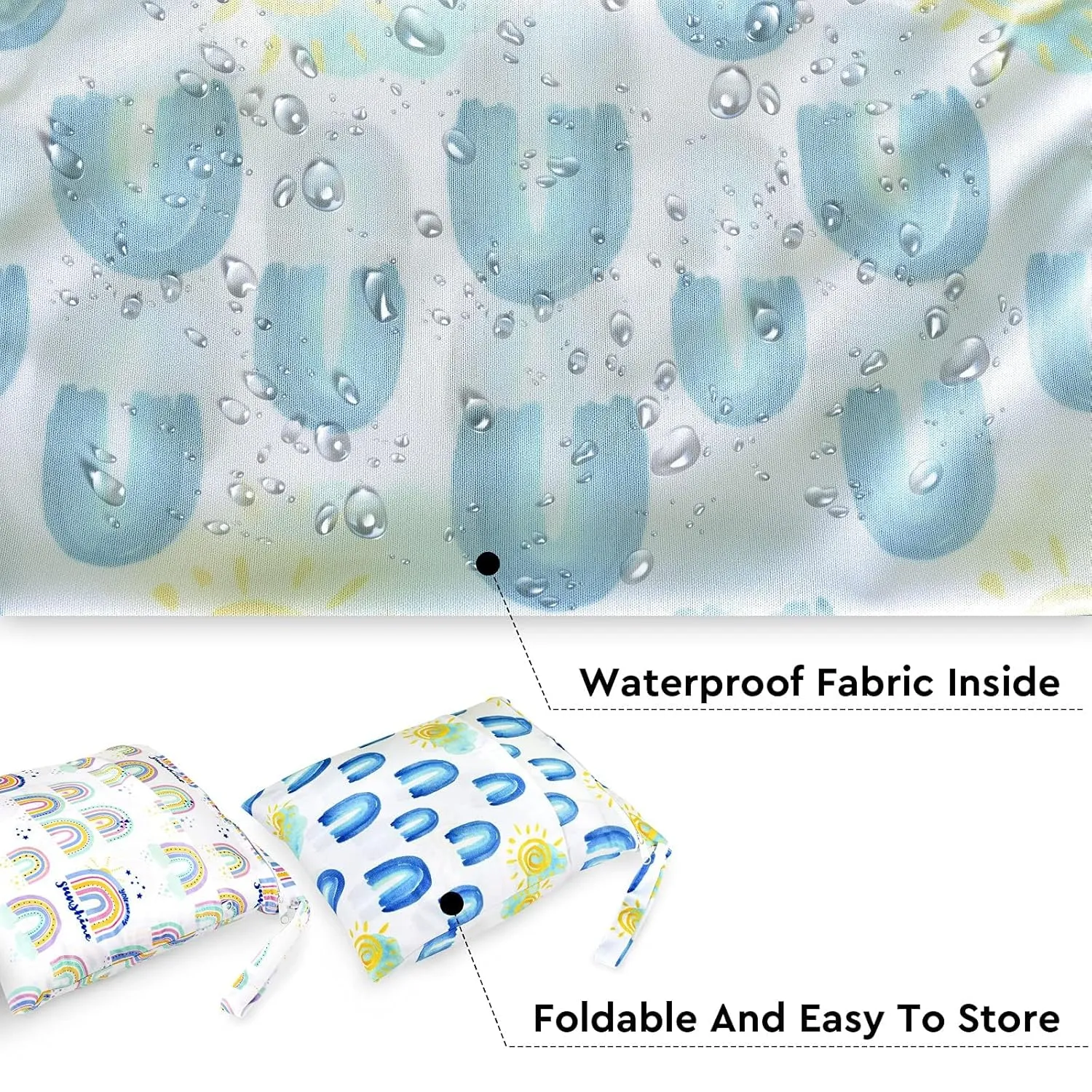 2pcs Waterproof Wet Bags with Two Zippered Pockets, Washable, Reusable for Travel, Beach, Pool, Stroller, Diapers, Dirt Gym Clothes, Wet Swimsuits, Toiletries -Rainbows