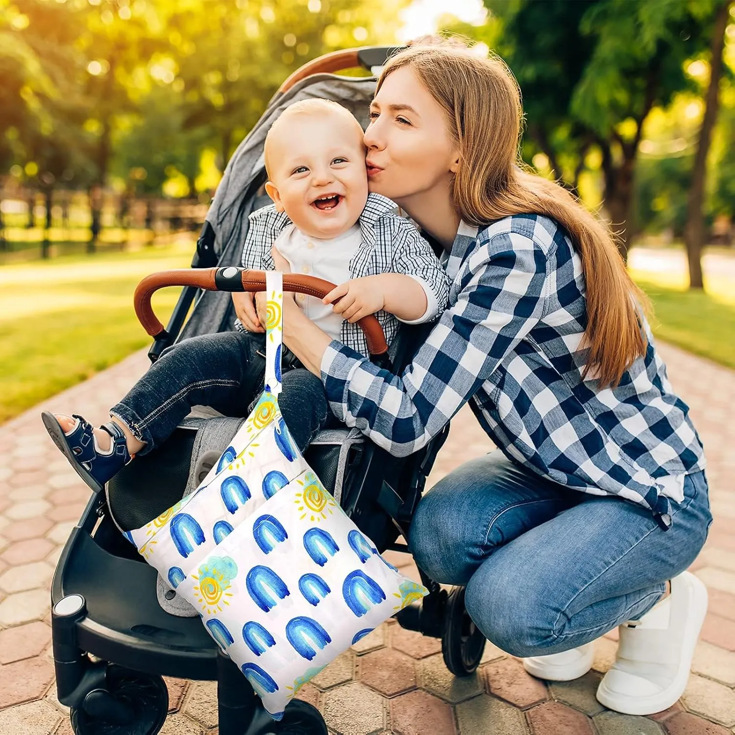 2pcs Waterproof Wet Bags with Two Zippered Pockets, Washable, Reusable for Travel, Beach, Pool, Stroller, Diapers, Dirt Gym Clothes, Wet Swimsuits, Toiletries -Rainbows