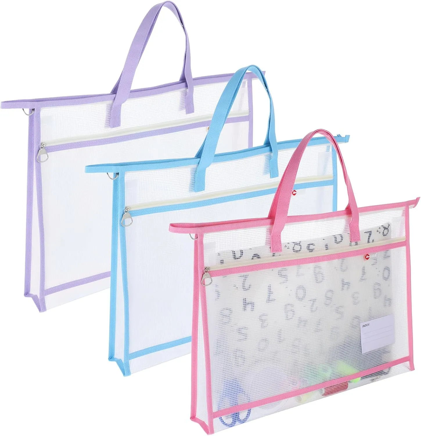 3 Pack Sewing Project Bag 17.72x12.99 Inches Craft Storage for Quilters Art Portfolio Bags with Handle and Zipper Mesh Folder Organizers for Artworks Charts Poster Scrapbook