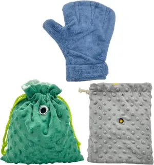 3 Pack Sugar Glider Tote Plush Sleeping Pouches and Anti Bite Calming Mitten, Warm Sleeping Bag Portable Drawstring Bonding Pouch Soothing Glove for Small Pets (Blue/Green/Gray)