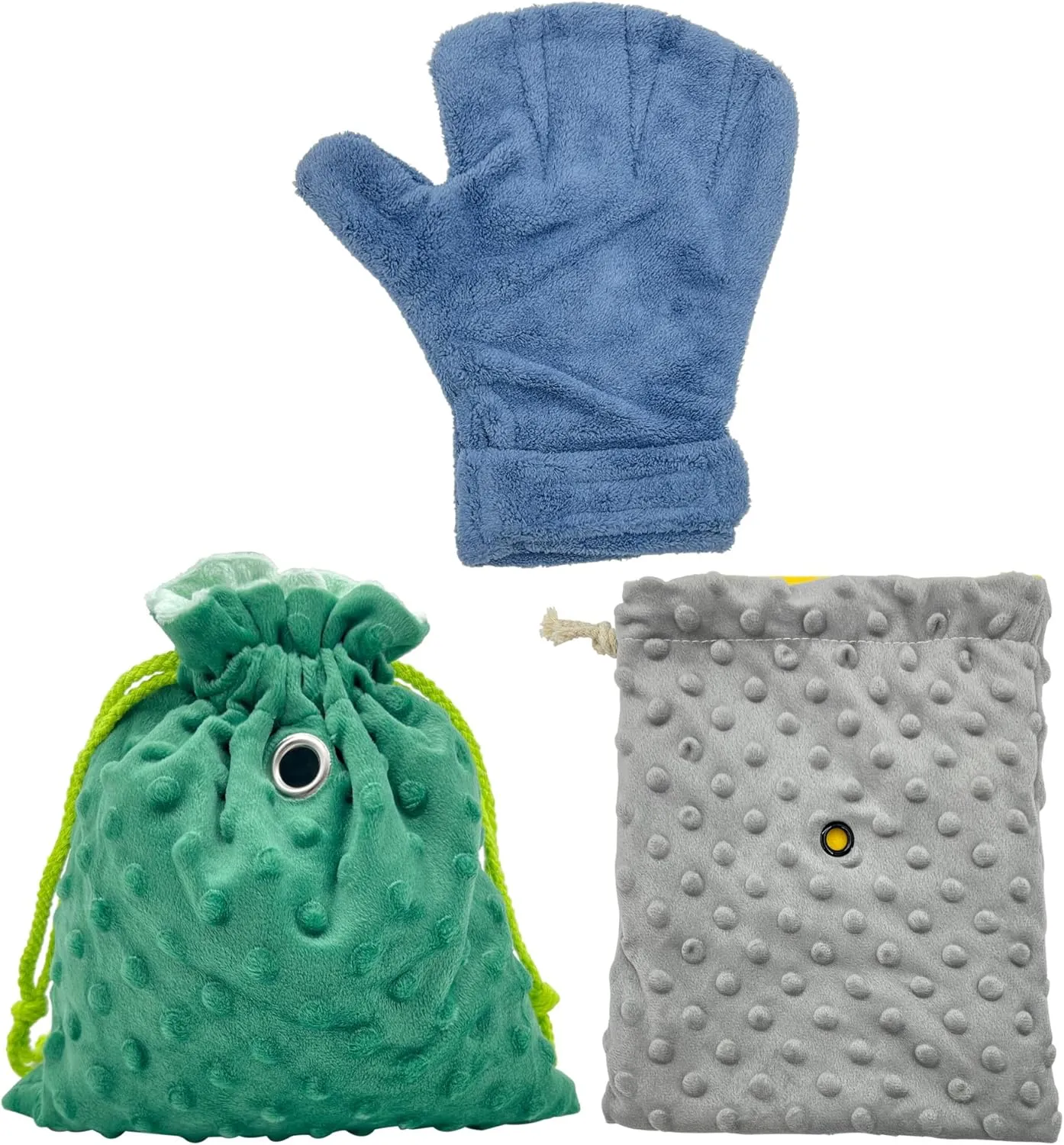 3 Pack Sugar Glider Tote Plush Sleeping Pouches and Anti Bite Calming Mitten, Warm Sleeping Bag Portable Drawstring Bonding Pouch Soothing Glove for Small Pets (Blue/Green/Gray)