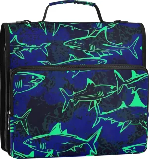 3 Ring Binders 1.5 Inch D Ring Oceanic Sharks Neon Blue Zippered Binder Organizer School Binder Bag with Shoulder Strap Business Multi Pockets Large Portfolio Folder