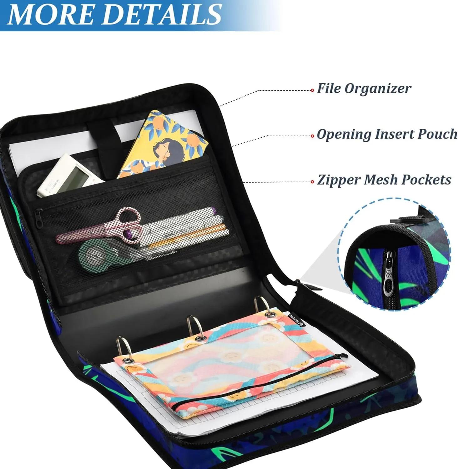 3 Ring Binders 1.5 Inch D Ring Oceanic Sharks Neon Blue Zippered Binder Organizer School Binder Bag with Shoulder Strap Business Multi Pockets Large Portfolio Folder