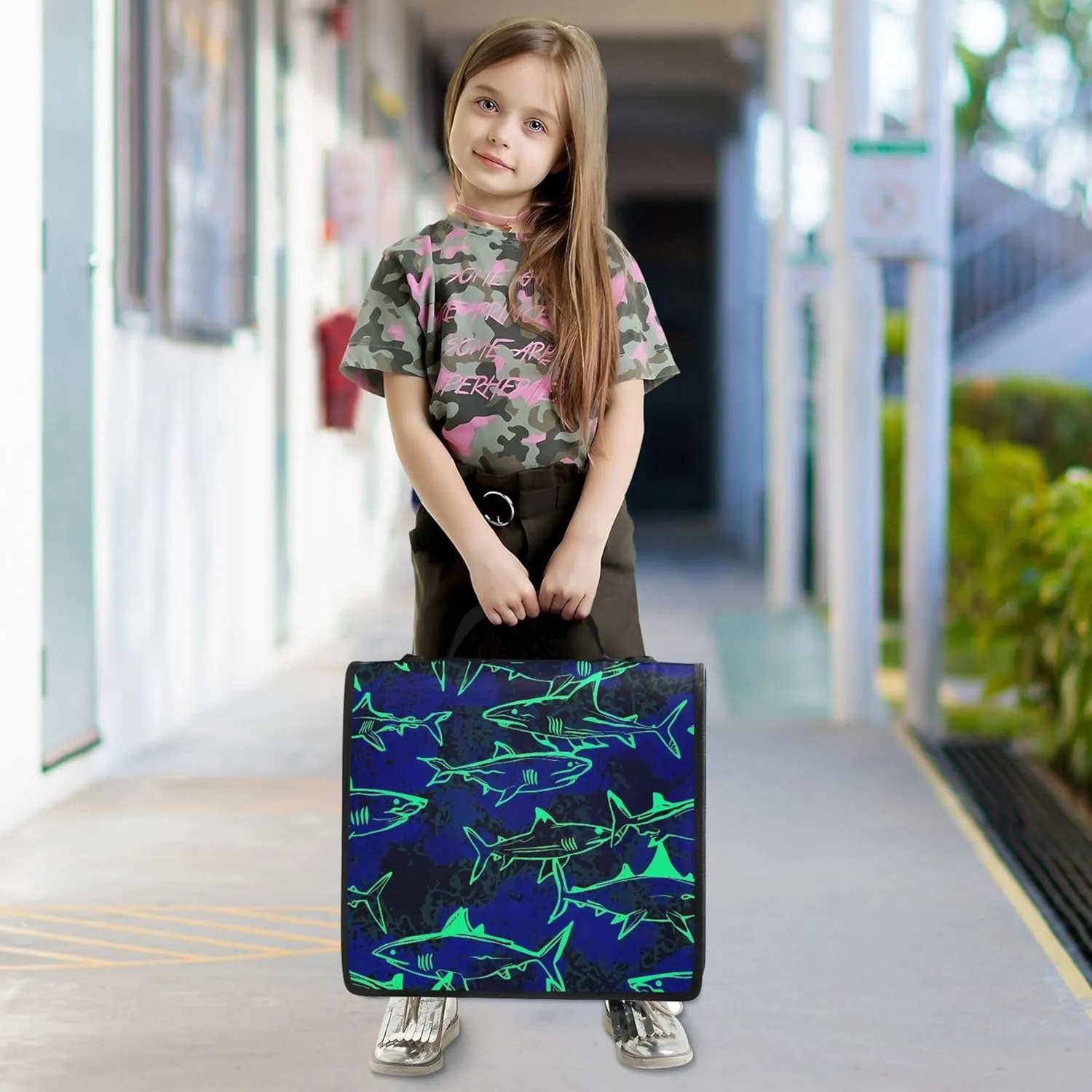3 Ring Binders 1.5 Inch D Ring Oceanic Sharks Neon Blue Zippered Binder Organizer School Binder Bag with Shoulder Strap Business Multi Pockets Large Portfolio Folder