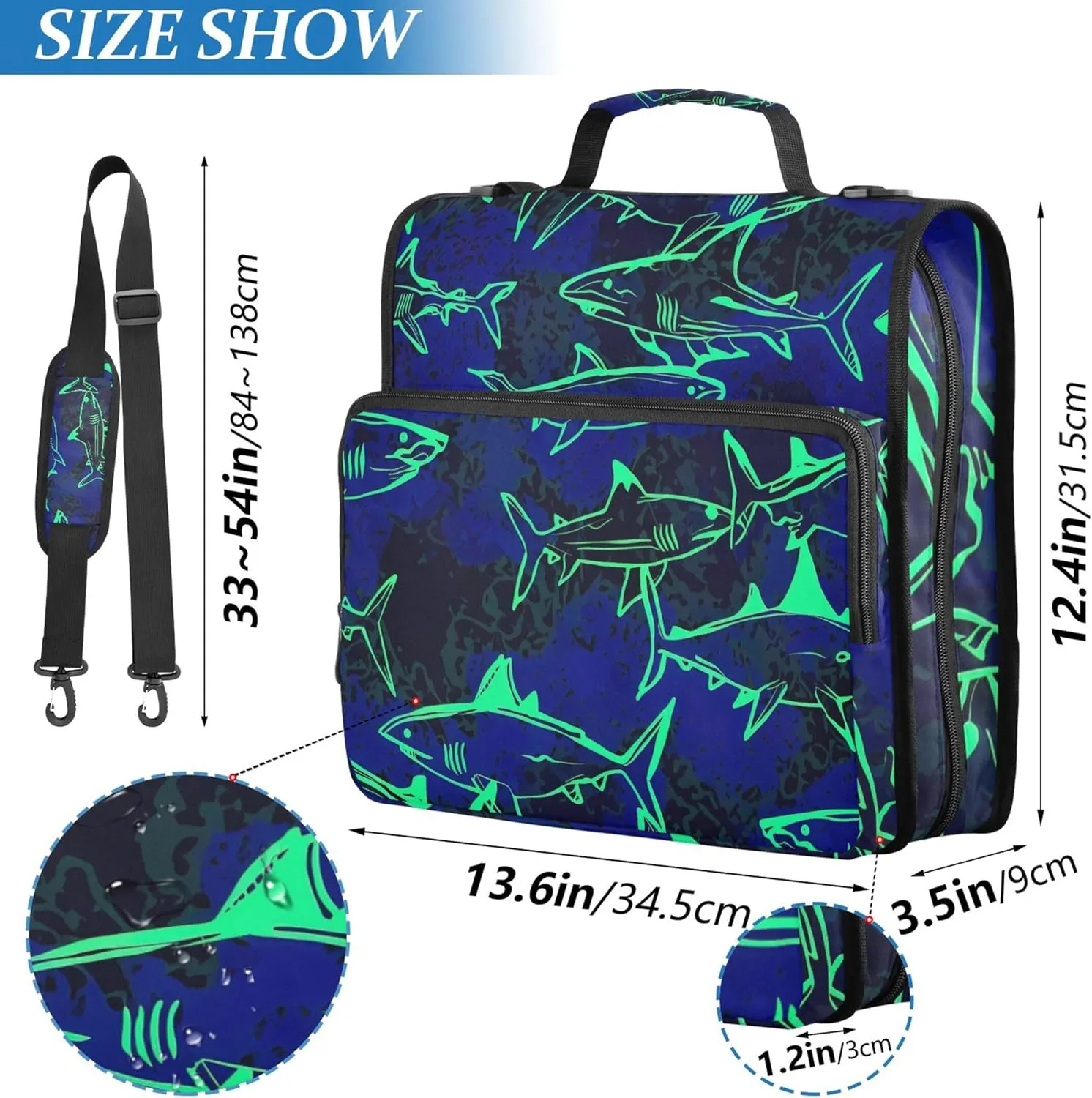 3 Ring Binders 1.5 Inch D Ring Oceanic Sharks Neon Blue Zippered Binder Organizer School Binder Bag with Shoulder Strap Business Multi Pockets Large Portfolio Folder