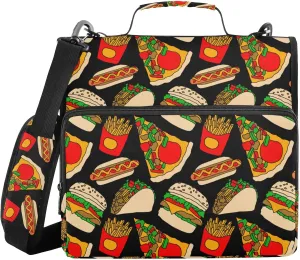 3 Ring Zipper Binder Pizza Burger French Fries 500 Sheets Capacity Binder Organizer Bag with Shoulder Strap and Handle for School Office College Students
