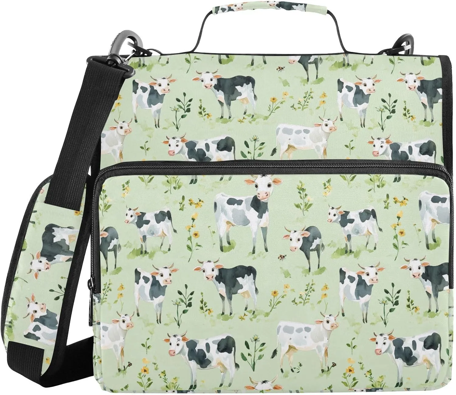 3 Rings 1.5 inch Sturdy Zipper Binder with Handle Multi-Pocket Portfolio Binder for School/Office Cute Cow Green