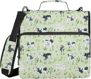 3 Rings 1.5 inch Sturdy Zipper Binder with Handle Multi-Pocket Portfolio Binder for School/Office Cute Cow Green