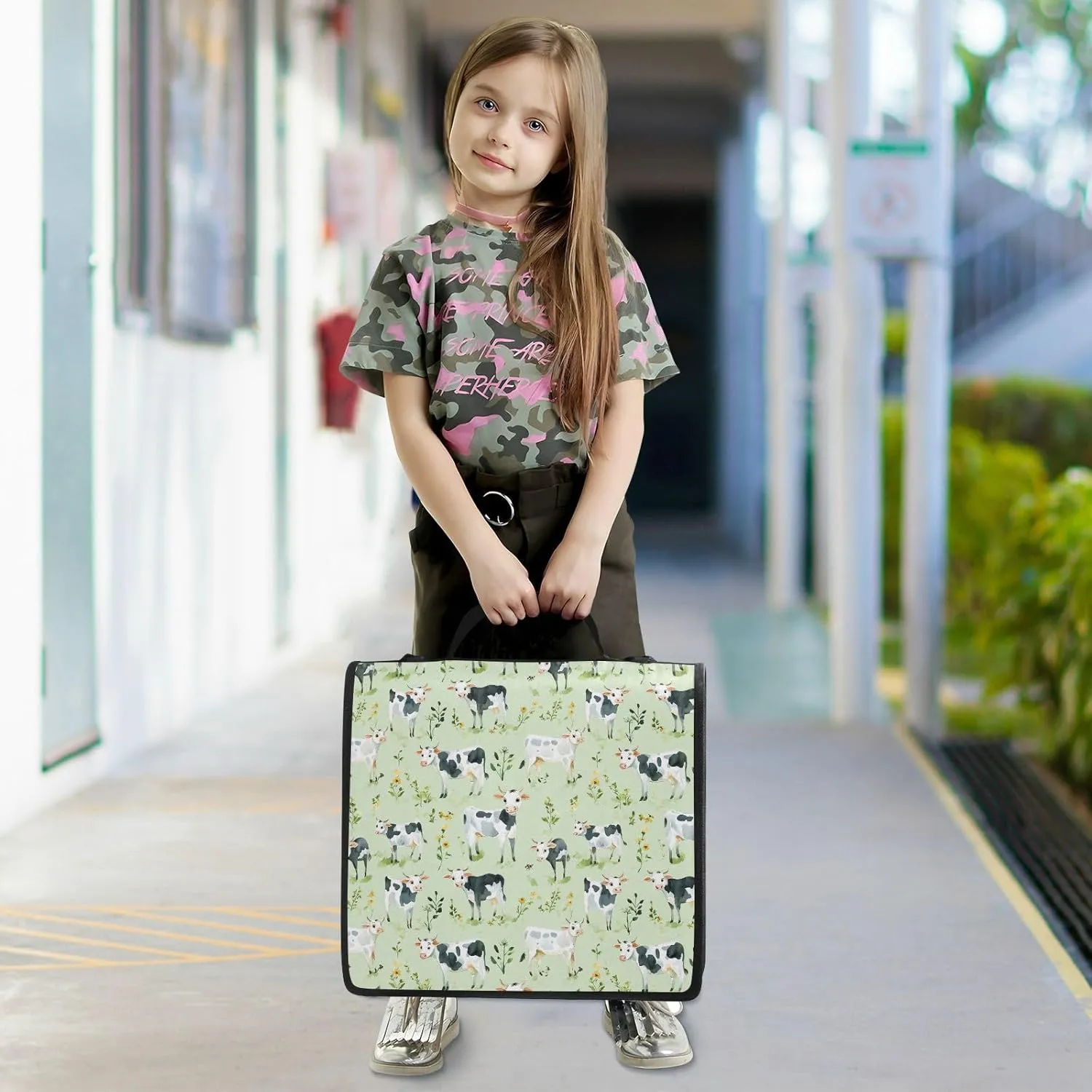 3 Rings 1.5 inch Sturdy Zipper Binder with Handle Multi-Pocket Portfolio Binder for School/Office Cute Cow Green