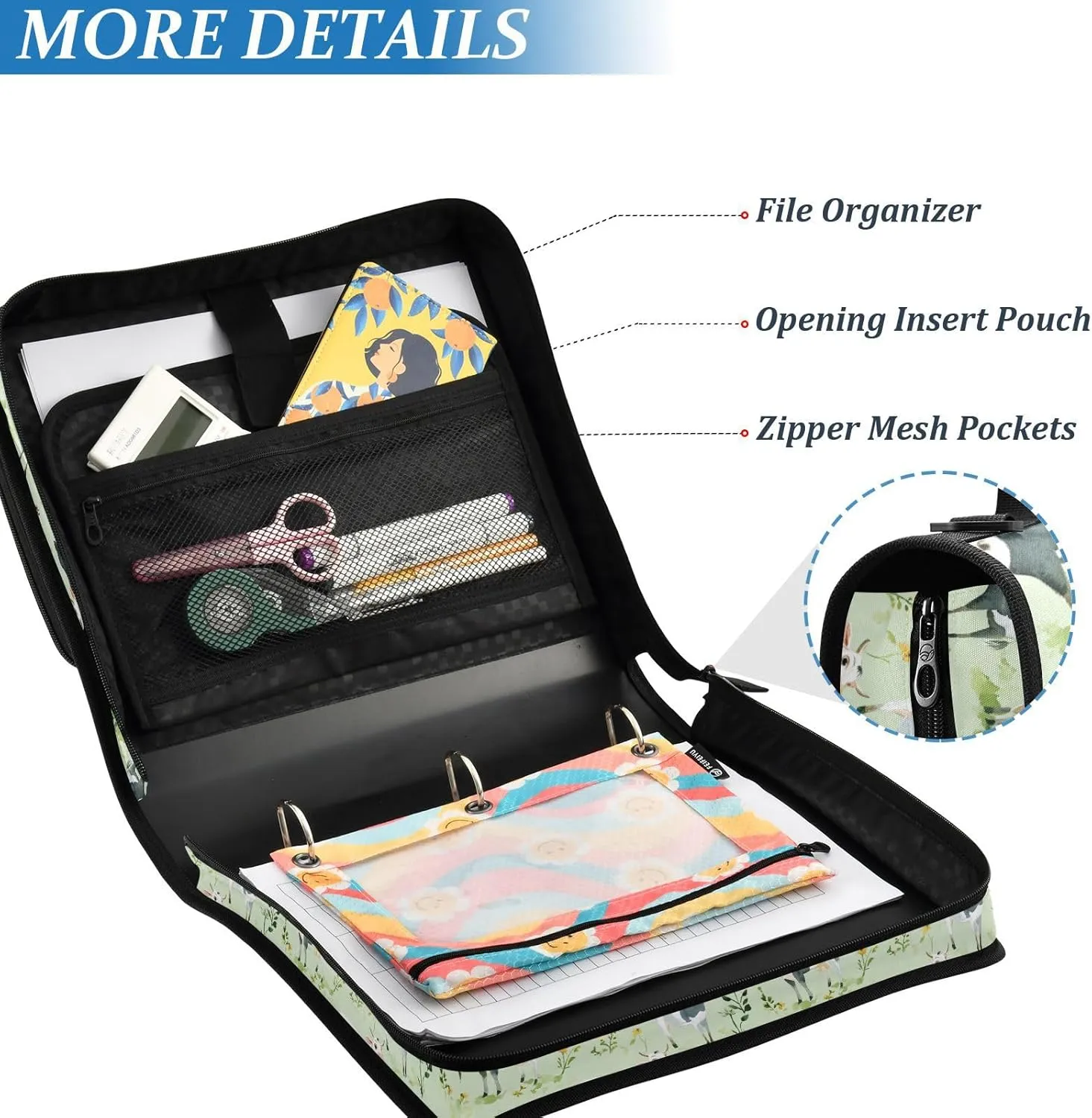 3 Rings 1.5 inch Sturdy Zipper Binder with Handle Multi-Pocket Portfolio Binder for School/Office Cute Cow Green