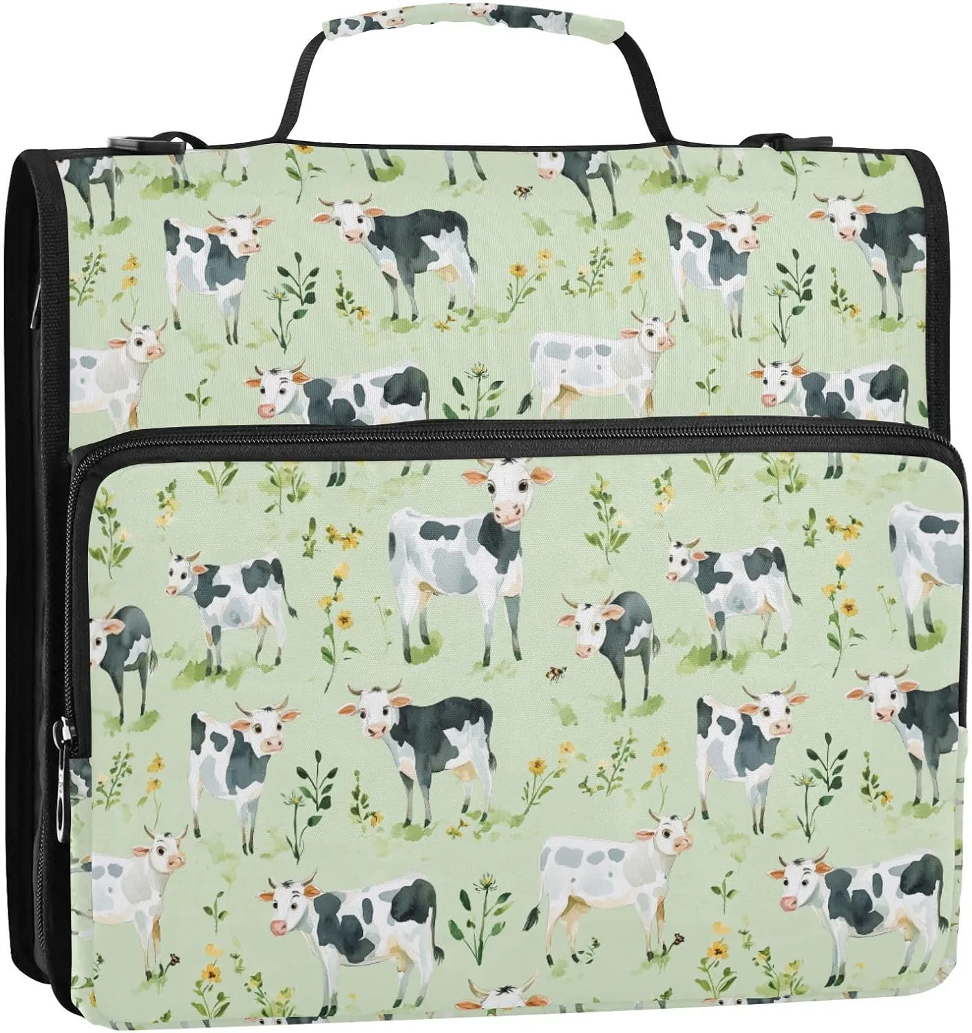 3 Rings 1.5 inch Sturdy Zipper Binder with Handle Multi-Pocket Portfolio Binder for School/Office Cute Cow Green