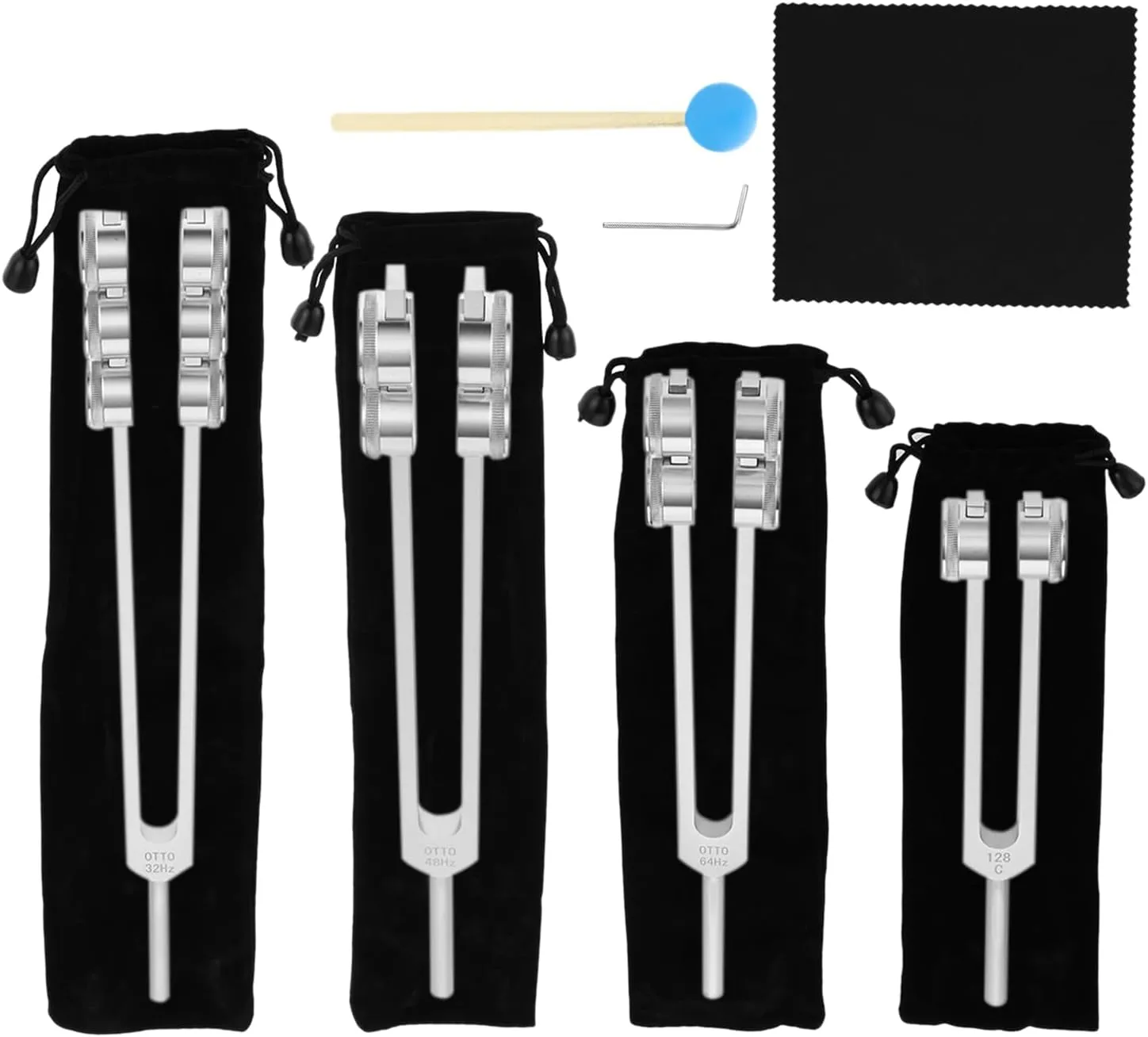 32 Hz 48 Hz 64 Hz and 128 Hz Weighted Tuning Forks of 4 with Handbag, Hammer and Wrench