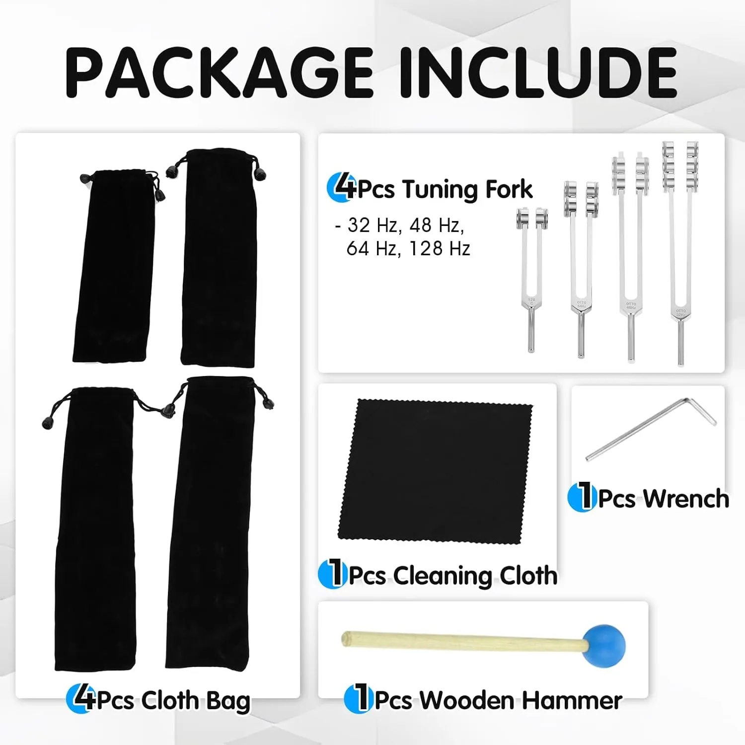 32 Hz 48 Hz 64 Hz and 128 Hz Weighted Tuning Forks of 4 with Handbag, Hammer and Wrench