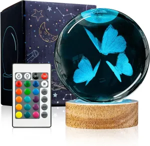 3D Butterfly Crystal Ball Night Light with Woodern Base, 3.15" Butterfly Figurine Glass Lamp with 16 Colors Cute Desk Decor for Home Butterfly Gifts for Women Kids Friends