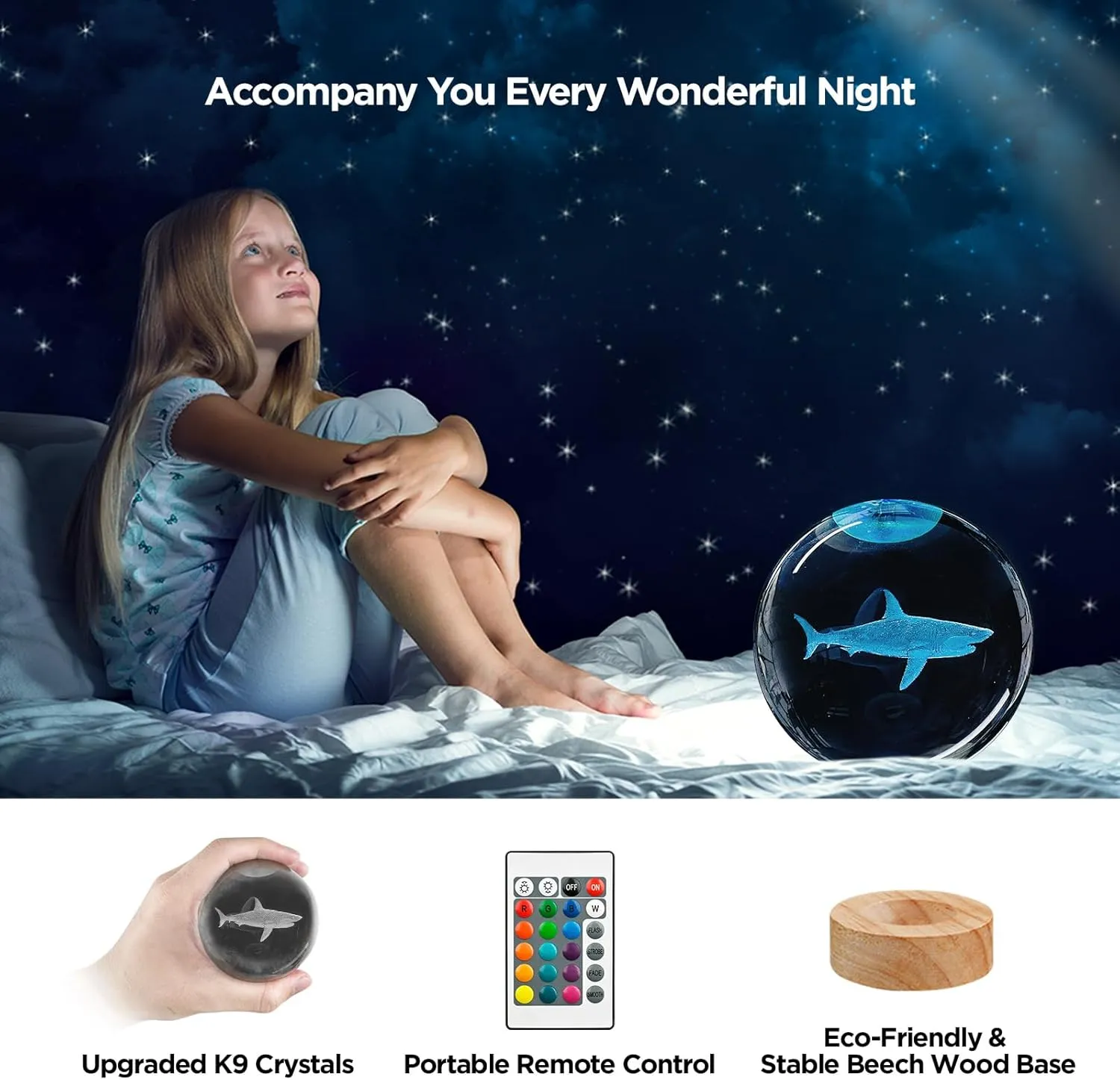 3D Crystal Ball Night Light with Wooden Base, 3.15" Shark Glass Ball Lamp, 16 Colors, Remote Control, Cool Desk Decor