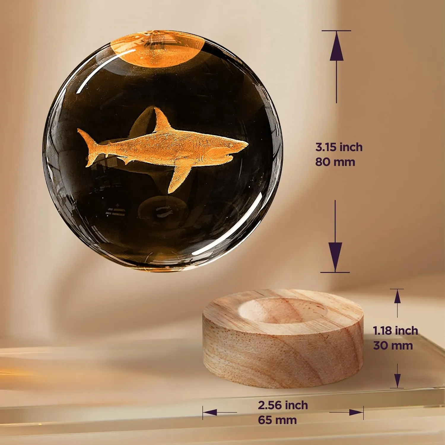 3D Crystal Ball Night Light with Wooden Base, 3.15" Shark Glass Ball Lamp, 16 Colors, Remote Control, Cool Desk Decor