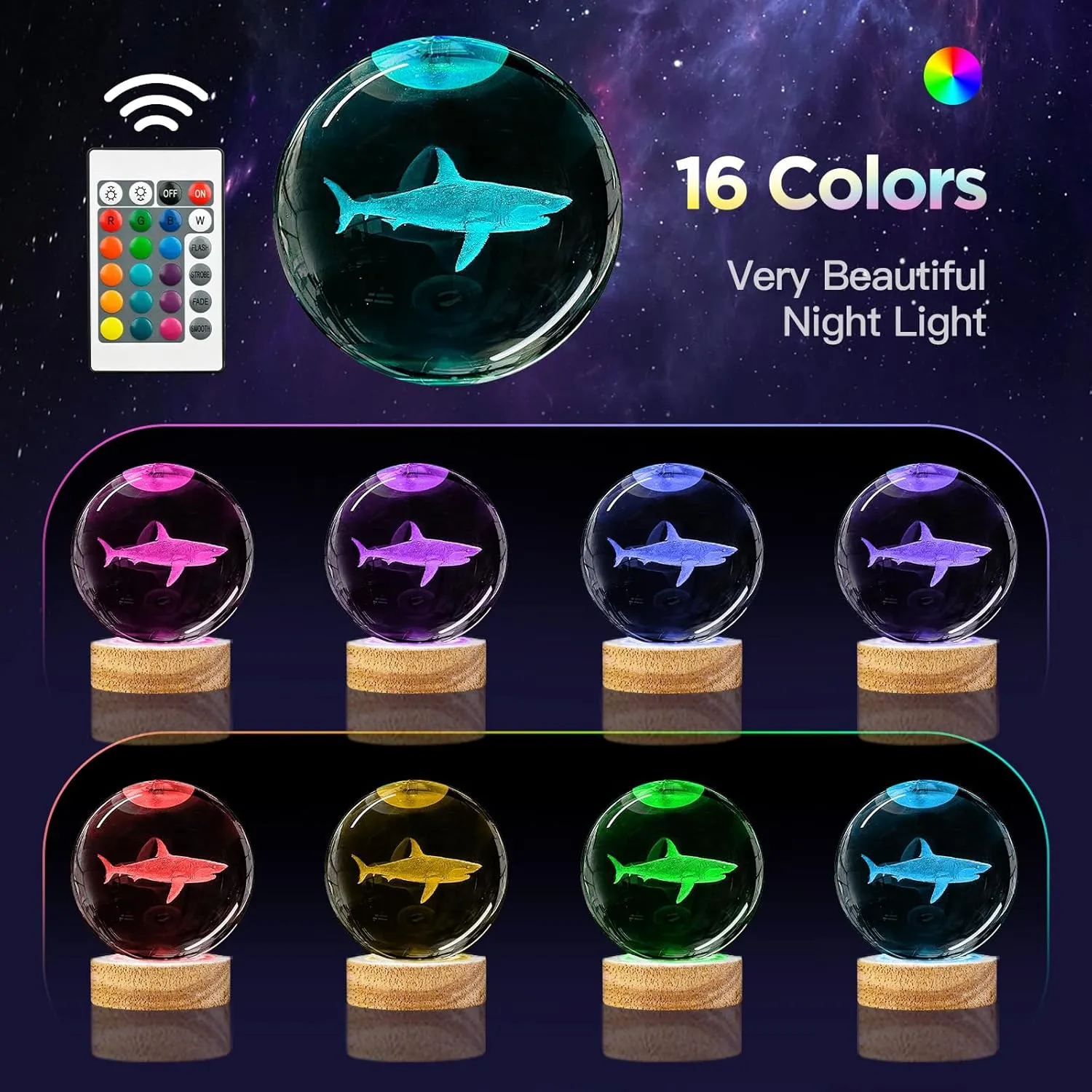3D Crystal Ball Night Light with Wooden Base, 3.15" Shark Glass Ball Lamp, 16 Colors, Remote Control, Cool Desk Decor