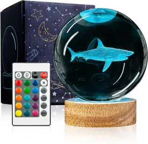 3D Crystal Ball Night Light with Wooden Base, 3.15" Shark Glass Ball Lamp, 16 Colors, Remote Control, Cool Desk Decor