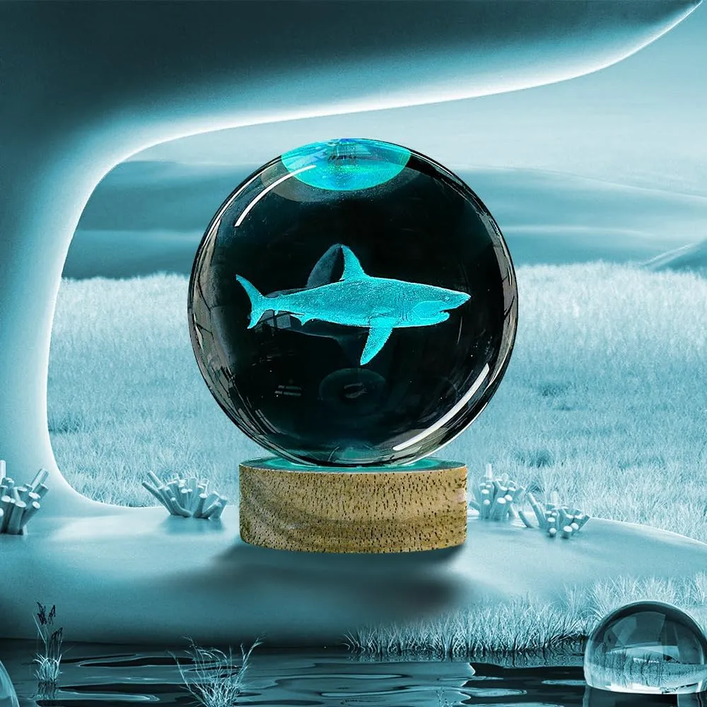 3D Crystal Ball Night Light with Wooden Base, 3.15" Shark Glass Ball Lamp, 16 Colors, Remote Control, Cool Desk Decor